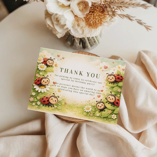 Rustic Floral Lady Bug 1st Birthday Thank You Card (Creator Uploaded)