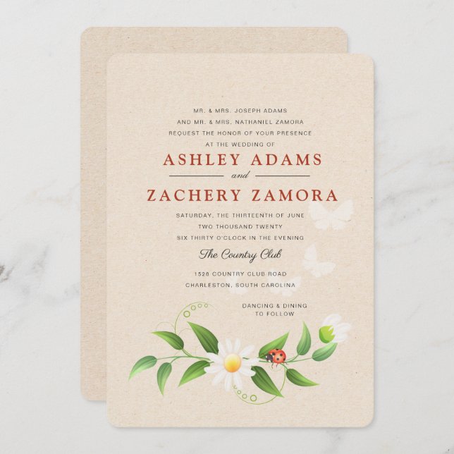 Rustic Floral Ladybug Butterfly Wedding Invitation (Front/Back)