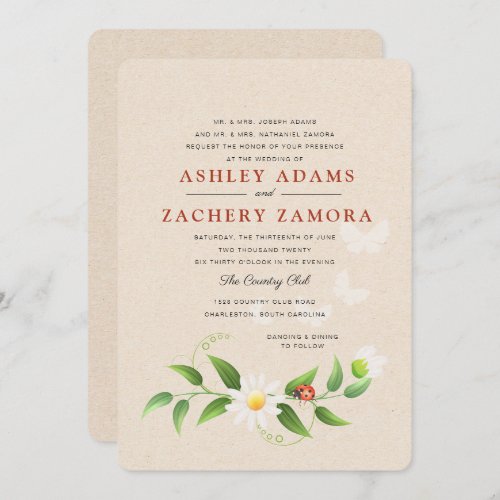 Rustic Floral Ladybug Butterfly Wedding Invitation