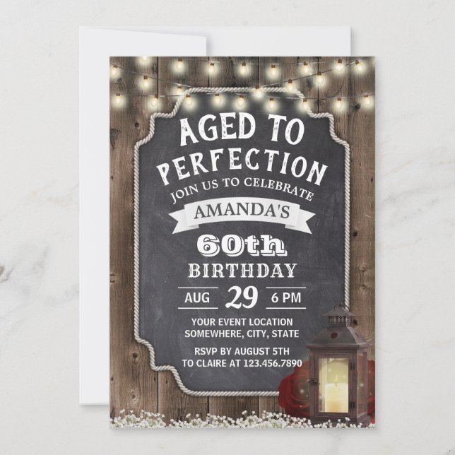 Rustic Floral Lantern Barn Wood 60th Birthday Invitation (Front)
