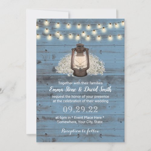 Rustic Floral Lantern Dusty Blue Barn Wood Wedding Invitation