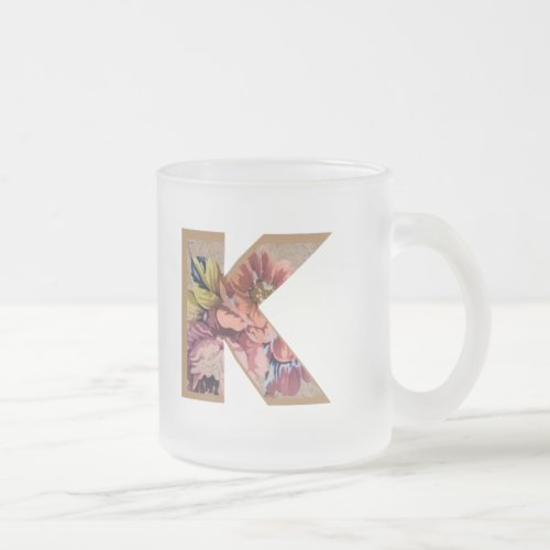 Rustic Floral Large Monogram K Frosted Glass Coffee Mug