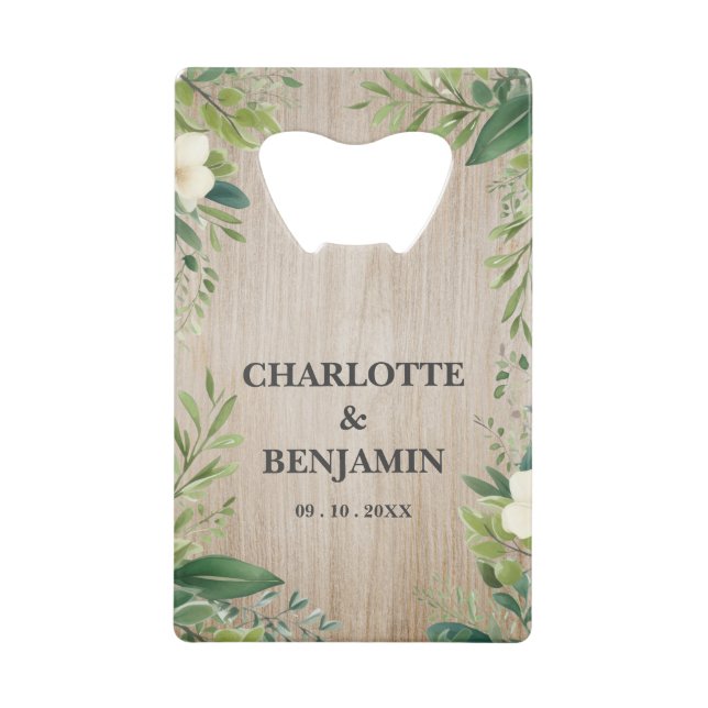Rustic Floral Leaf Border Wooden Wedding Favor Credit Card Bottle Opener (Front)