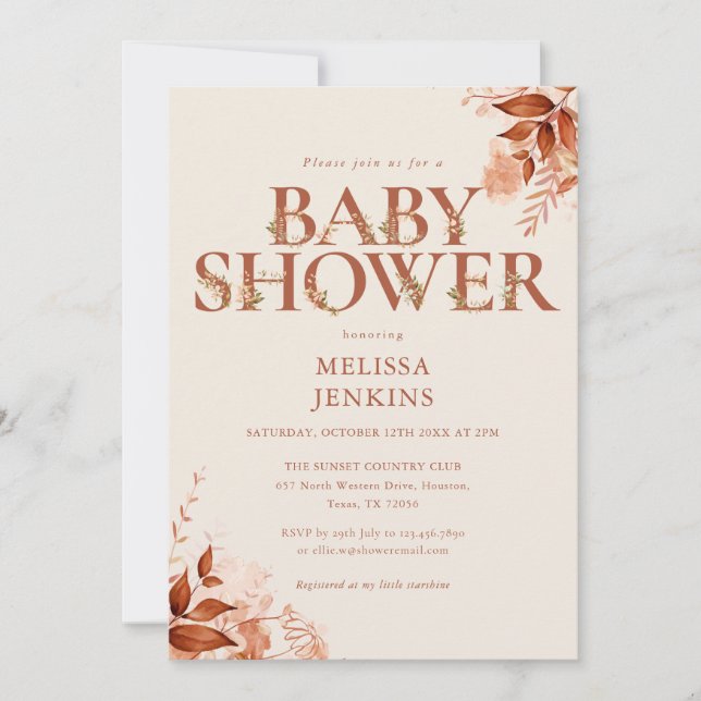 Rustic Floral Letter Autumn Fall Baby Shower Invitation (Front)