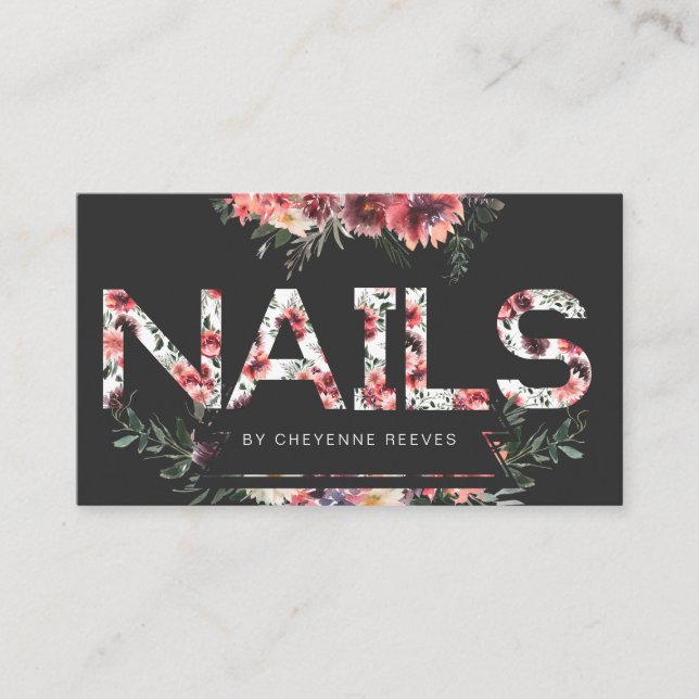 Rustic Floral Lettering on Black | Nails Business Card (Front)