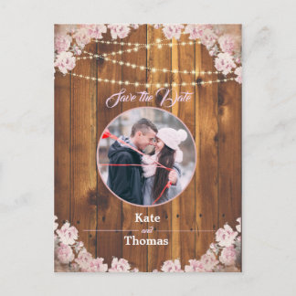 Rustic Floral Light String Wood Save the Date Card