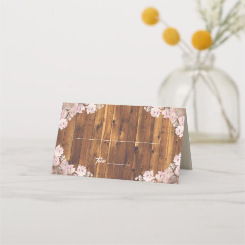 Rustic Floral Light Strings Wood Place Card