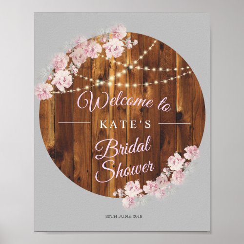 Rustic Floral Light Strings Wooden Bridal Shower Poster