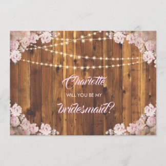 Rustic Floral Light Strings Wooden Bridesmaid Card
