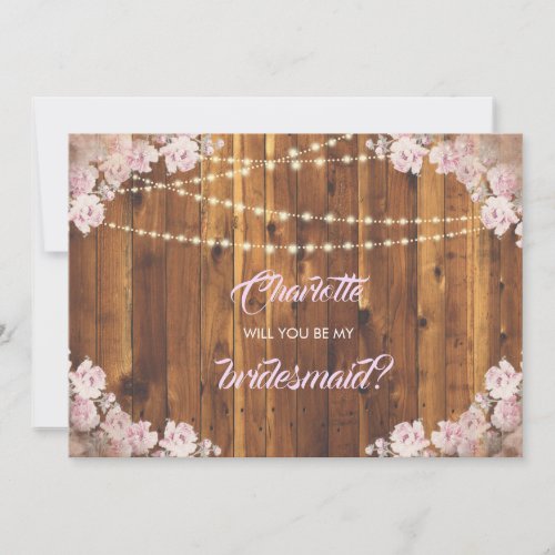 Rustic Floral Light Strings Wooden Bridesmaid Card