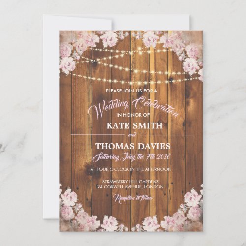 Rustic Floral Light Strings Wooden Wedding Invite