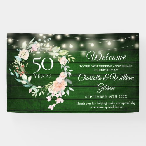 Rustic Floral Lights 50th Anniversary Welcome Banner