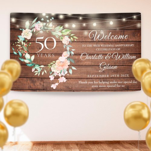 Rustic Floral Lights 50th Anniversary Welcome Banner