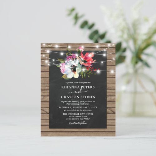 Rustic Floral Lights Budget Wedding Invitation - Budget rustic country wedding invitations featuring a light wooden backdrop, a black chalkboard centre, bold watercolor florals, string twinkle lights and a elegant wedding template that is easy to personalize.