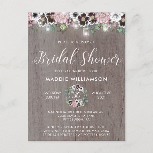Rustic Floral Lights Wood Bridal Shower Invitation Postcard