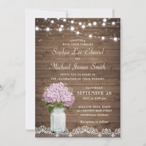 Rustic Floral Lilac Hydrangea Mason Jar Lace Light Invitation