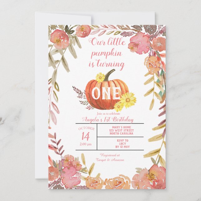 Rustic Floral Little Pumpkin Fall 1st Birthday Invitation (Front)