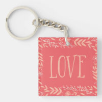 Rustic Floral Love Pinkish Orange Keychain