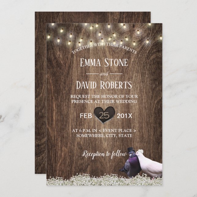 Rustic Floral Lovebirds & String Lights Wedding Invitation (Front/Back)