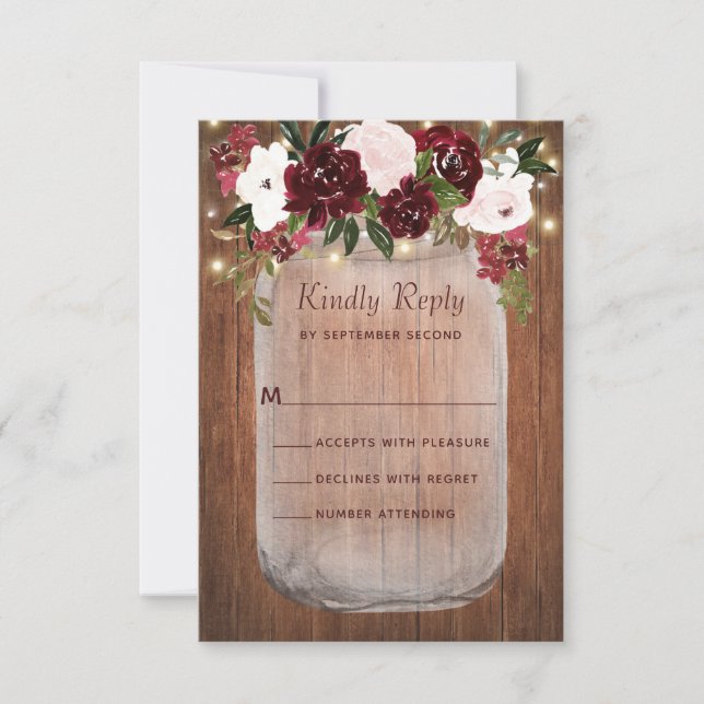 Rustic Floral Mason Jar Burgundy Blush Wedding RSVP Card (Front)