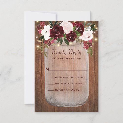 Rustic Floral Mason Jar Burgundy Blush Wedding RSVP Card