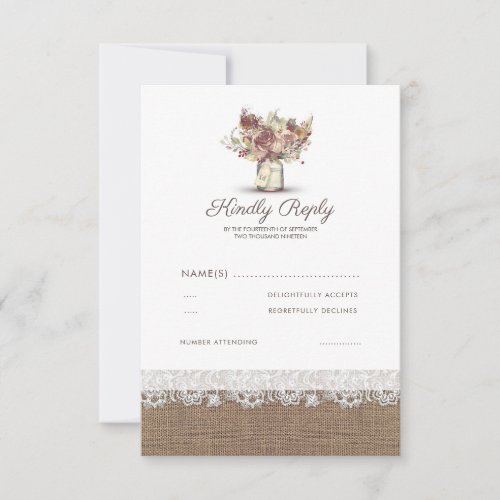 Rustic Floral Mason Jar  Burlap Wedding RSVP