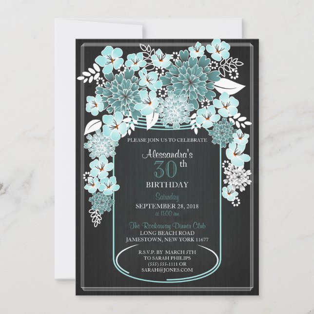 Rustic Floral Mason Jar Chalkboard Birthday 4 Invitation (Front)