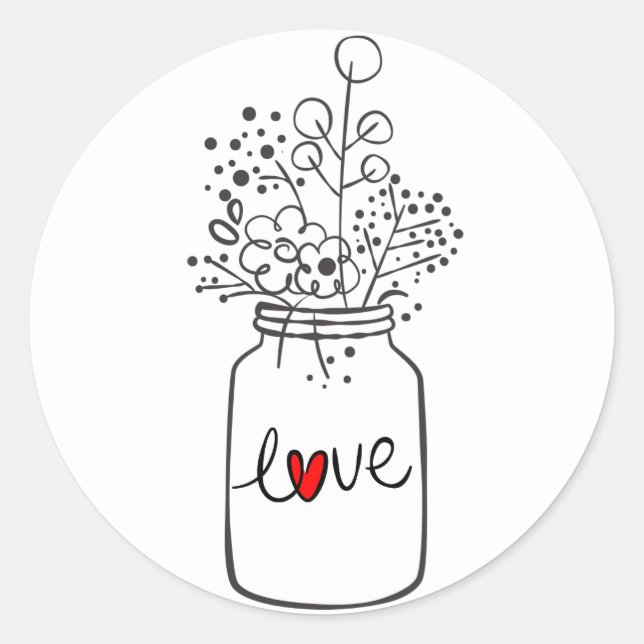 Rustic Floral Mason Jar Flower Black White Wedding Classic Round Sticker (Front)