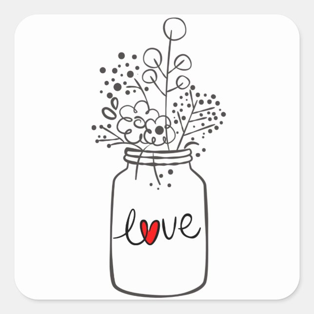 Rustic Floral Mason Jar Flower Black White Wedding Square Sticker (Front)