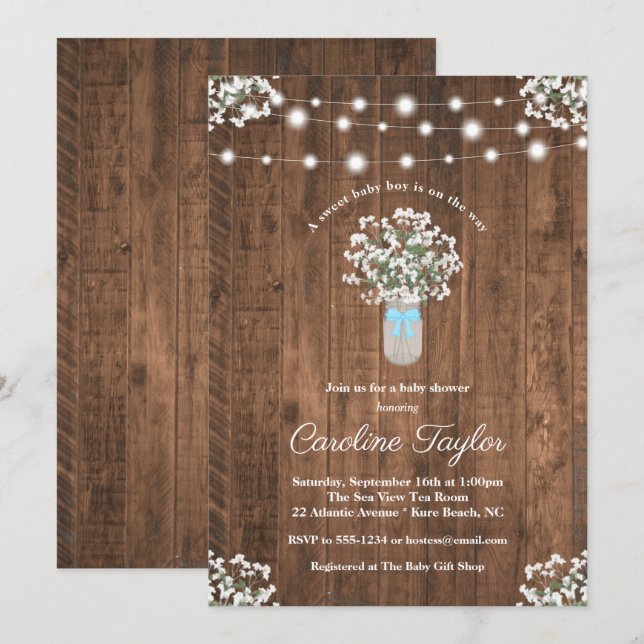 Rustic Floral Mason Jar Lights Baby Boy Shower Invitation (Front/Back)