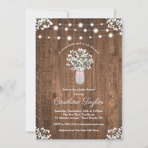 Rustic Floral Mason Jar Lights Baby Girl Shower Invitation