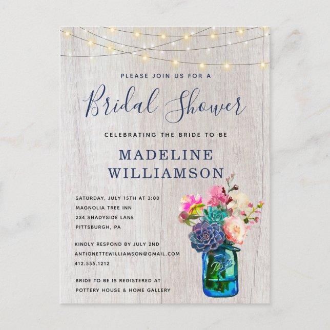 Rustic Floral Mason Jar & Lights Bridal Shower Postcard (Front)