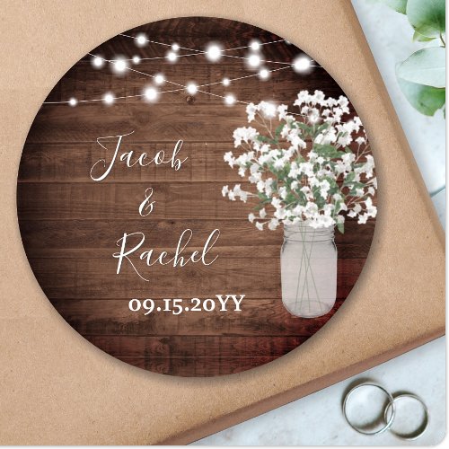 Rustic Floral Mason Jar  Lights Wedding Classic Round Sticker