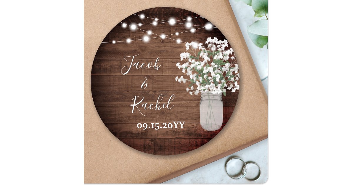 Rustic Floral Mason Jar & Lights Wedding Classic Round Sticker | Zazzle