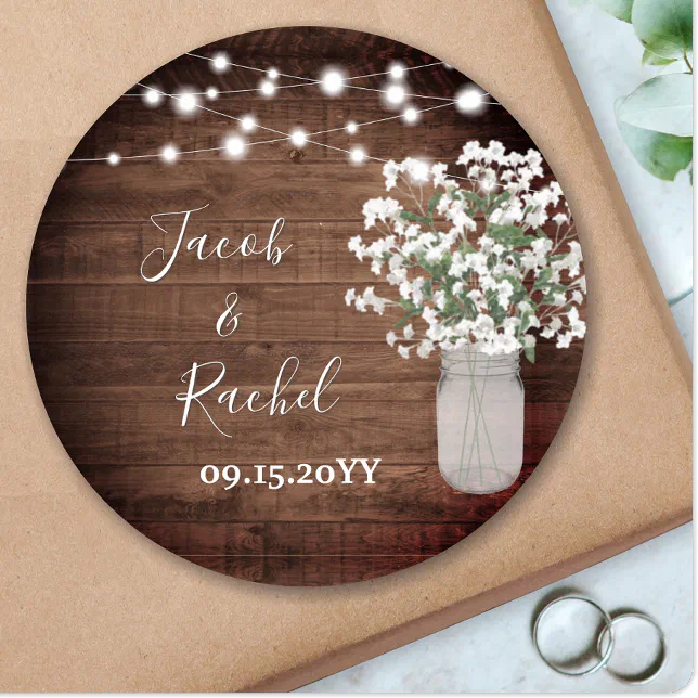 Rustic Floral Mason Jar & Lights Wedding Classic Round Sticker | Zazzle