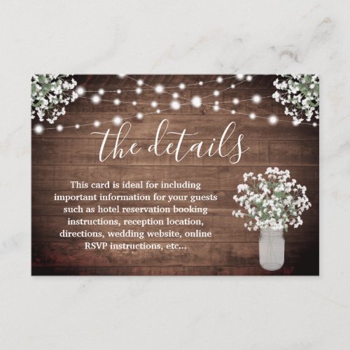 Rustic Floral Mason Jar Lights Wedding Details Enclosure Card