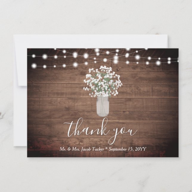 Rustic Floral Mason Jar Lights Wedding Thank You (Front)