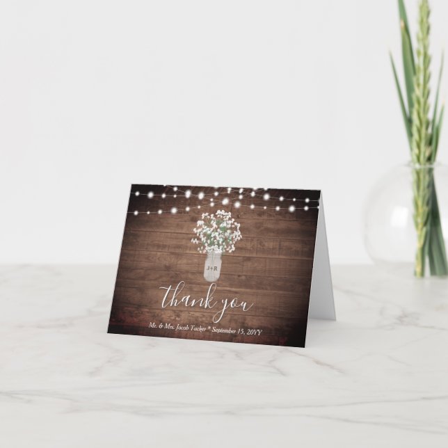 Rustic Floral Mason Jar Lights Wedding Thank You Card (Front)