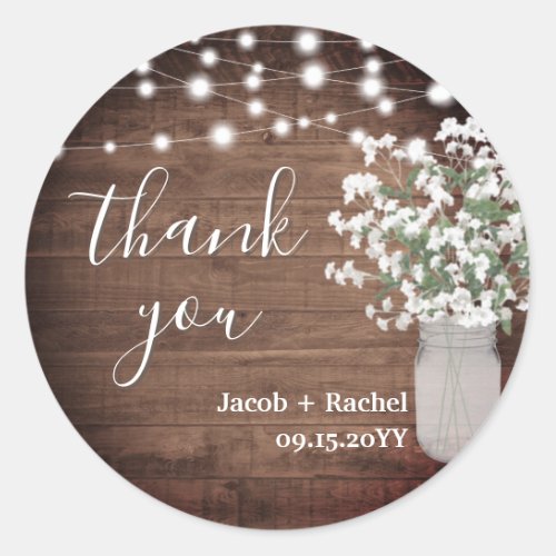Rustic Floral Mason Jar  Lights Wedding Thank You Classic Round Sticker