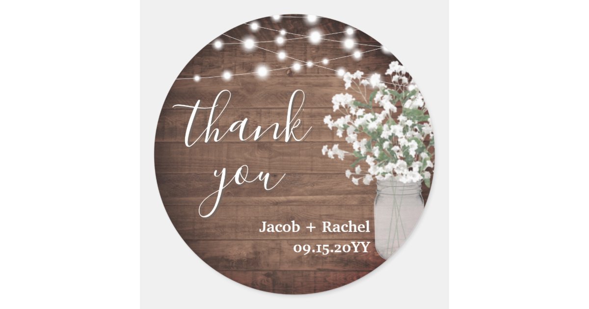 Rustic Floral Mason Jar & Lights Wedding Thank You Classic Round ...