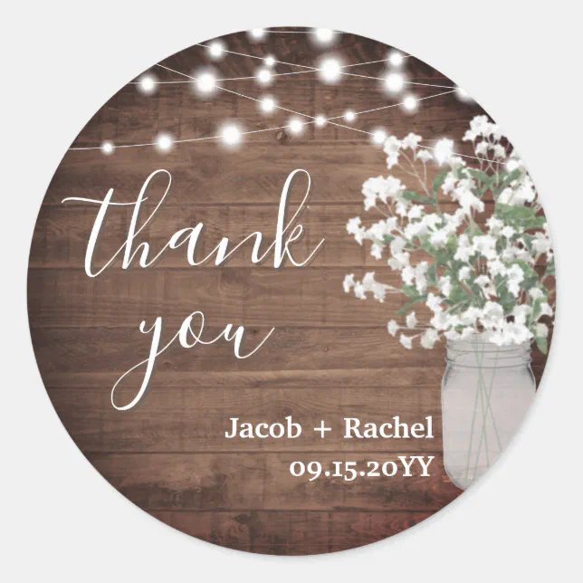 Rustic Floral Mason Jar & Lights Wedding Thank You Classic Round ...