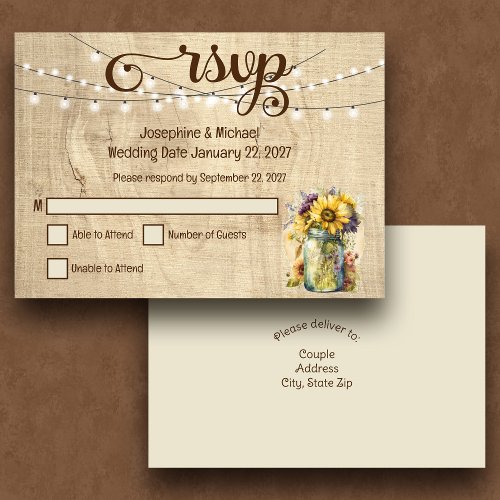 Rustic Floral Mason Jar on Wood Wedding RSVP Card