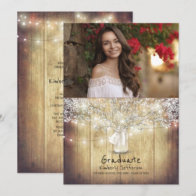 Rustic Floral Mason Jar Photo Graduation Party Invitation (Front/Back)