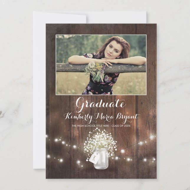 Rustic Floral Mason Jar Photo Graduation Party Invitation (Front)