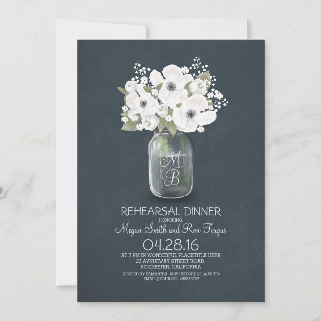 rustic floral mason jar rehearsal dinner invitation (Front)