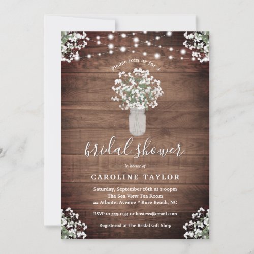 Rustic Floral Mason Jar String Light Bridal Shower Invitation