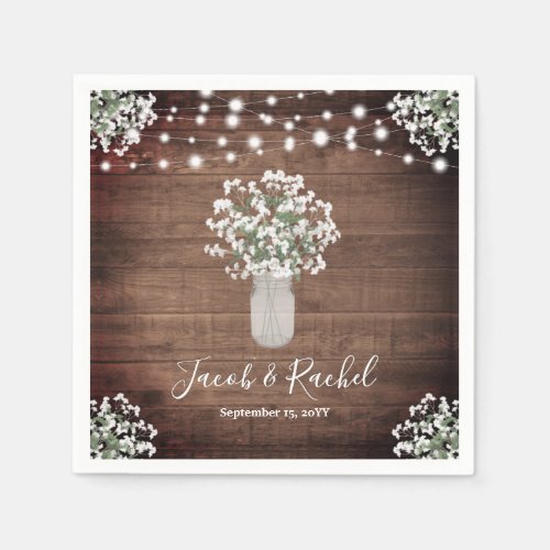 Rustic Floral Mason Jar  String Lights Wedding Napkins