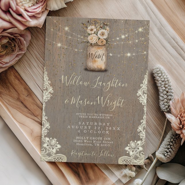Rustic Floral Mason Jar String Lights Wood Wedding Invitation (Rustic Floral Mason Jar String Lights Wood Wedding Invitation)