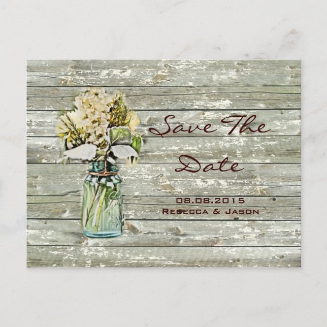 rustic floral mason jar wedding save the date announcement postcard (Front)