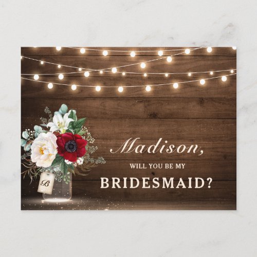 Rustic Floral Mason Jar Will you be my Bridesmaid Postcard